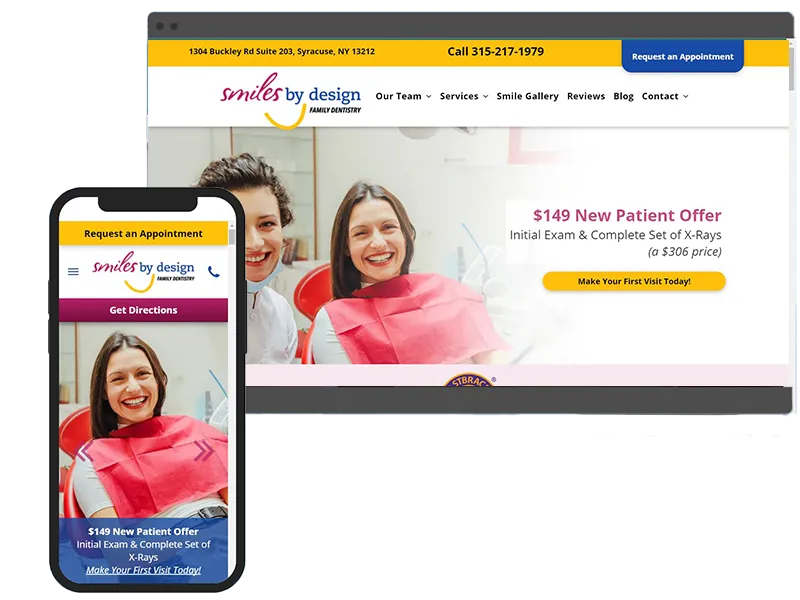 Dental practice website shown on desktop and mobile